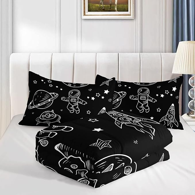 Datura home Kids Space Astronaut Comforter Set for Boys Kids Children,Galaxy Space Ship Astronaut Rocket Printed Bedding Set with 1 Comforter and 2 Pillowcases(Space Galaxy Twin), Twin 68x86inches