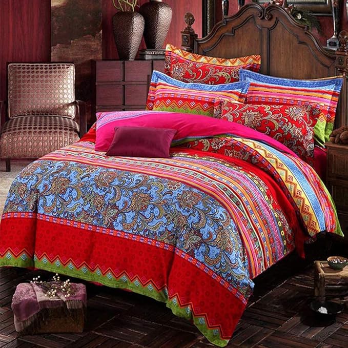 ABREEZE Bohemian Duvet Cover Set Colorful Red Boho Retro Bedding Set Damask Paisley Cotton Duvet Cover Tribal Reversible Bedding Exotic Style Comforter Cover 3-Piece Full