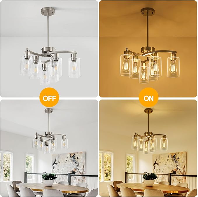 6-Light Brushed Nickel Chandeliers for Dining Room Light Fixtures Over Table, Adjustable Height Hanging Industrial Pendant Lighting for Kitchen Island Bedroom, Clear Glass Shade