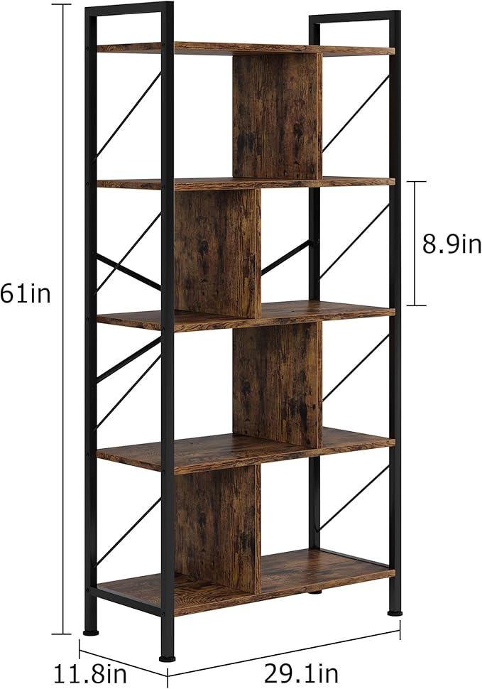 5 Tier Bookshelf with Storage, 61 Inch Tall Industrial Book Shelf with Open Display Bookshelves, 5 Shelf Bookcase with Metal Frame for Living Room, Bedroom and Home Office-Rustic Brown