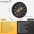 CLXEAST 24 Inch Wall Clock with Moving Gears, Black Gold Roman Numeral Wall Clocks for Modern Farmhouse Living Room Decor,House Warming Gifts New Home