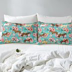 Horse Bedding Set Queen Chic Retro Blossom Comforter Set For Kids Girls Teens Galloping Horse Comforter Romantic Aesthetic Style 3D Wild Farm Animal Duvet Set Bedroom Decor Quilt Set, Green Pink