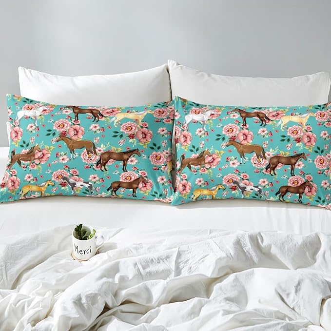 Horse Bedding Set Queen Chic Retro Blossom Comforter Set For Kids Girls Teens Galloping Horse Comforter Romantic Aesthetic Style 3D Wild Farm Animal Duvet Set Bedroom Decor Quilt Set, Green Pink