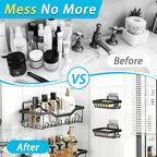 Fammart Adhesive Shower Caddy, 5-Pack Rustproof Stainless Steel Bathroom Organizer with 28 Hooks, No-Drill Large Capacity Shower Shelves for Bathroom Storage & Home Décor, Black