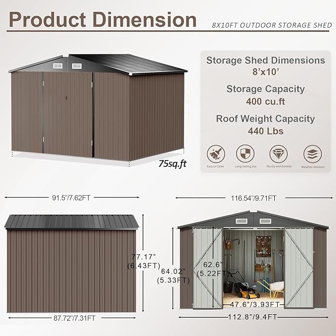 Aoxun 9.4x7.3x6.5 FT Outdoor Metal Storage Shed with Lockable Door- Ideal for Tools, Garden Equipment & Bikes, Includes Base, Perfect for Patio Placement