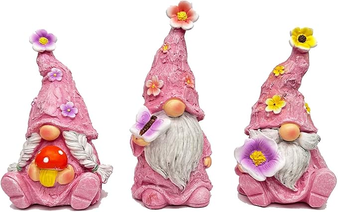 Gnome Decoration Figurine Outdoor Statue Resin 3pcs Flowers Spring Gnomes, Home Decoration Ornaments for Desktop Bookshelves Courtyard Garden Gift (Pink)