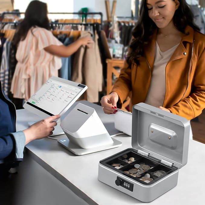 KYODOLED Cash Box with Combination Lock,Safe Metal Box for Money,Storage Lock Box with Money Tray,7.87"x 6.30"x 3.54" Lightgrey Medium