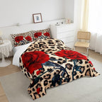 Rose Flower Comforter Set for Teens Adult Women Wedding Gift, Leopard Print Bedding Set Twin Size, Valentine's Day Cheetah Duvet Sets Leopard Animal Skin Down Comforter for Bedroom Decor, Brown