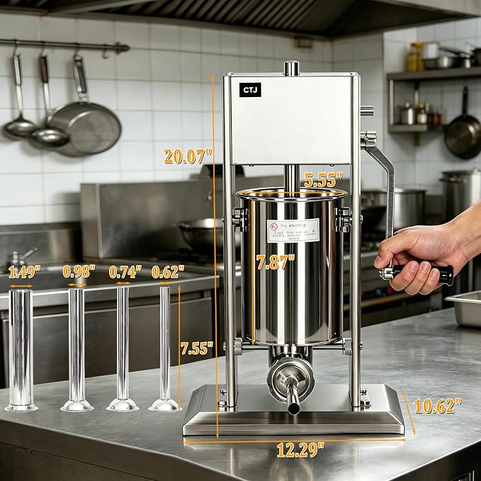 CTJ Sausage Stuffers Stainless Steel Sausage & Churro Maker 3L/7Lb,Silver | Manual 2 in 1 Sausage Stuffer & Churro Maker, 2-Speed Adjustable Vertical Sausage Maker, 4 Stuffing Tubes & Churros Nozzle