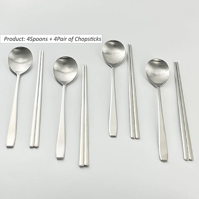 Korean Made Stainless Steel Silver Utensil Flatware Cutlery Korean Chopsticks and Spoons 4SET Gift for Mom, Stocking Stuffer