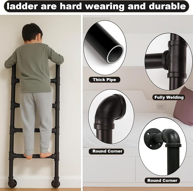 Black 3-Rung Window Well Ladder, 3FT Egress Wall Mounted Ladder for Indoor Climb Use, Wall/Floor Mountable Iron Step for Loft, Basement, Blanket Rack, Farmhouse, Space-Saving