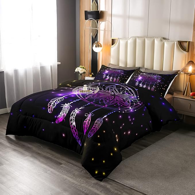 Erosebridal Dream Catcher Feather Comforter Set, Bohemian Mandala Down Comforter Full Size for Kids Girls Boys, Starry Sky Galaxy Bedding Set Boho Tie Dye Exotic Flower Quilted Duvet, Purple