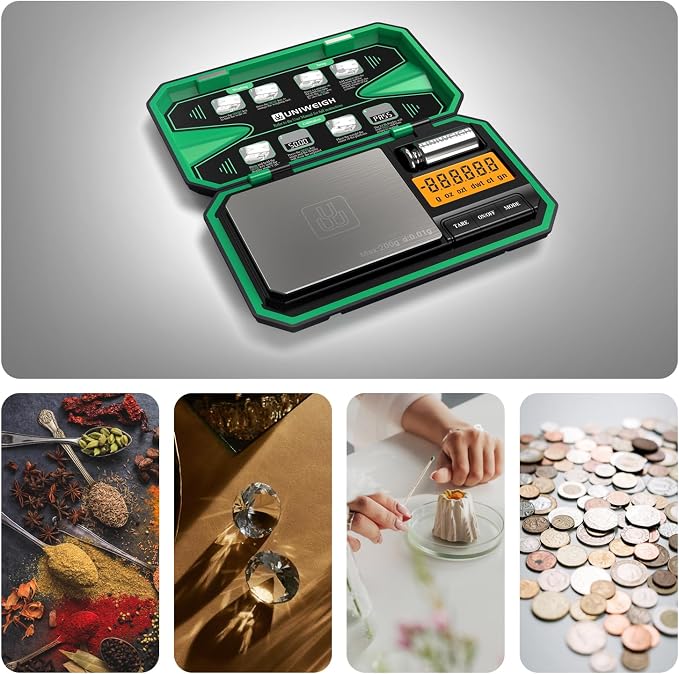 UNIWEIGH Digital Pocket Scale Precision 200g/0.01g Scale Grams Ounces | Mini Jewelry Scale, Coins Scale with 50g Cal Weights for Gold/Silver/Gems/Food,(Battery Included)-Green