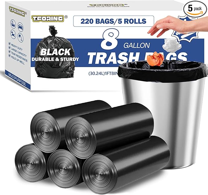 8 Gallon Trash Bags Heavy Duty - 30 Liters Black Garbage Bags,0.94 Mil Thick,220 Count,Medium Leakproof and Unscented Wastebasket Can Liners for Kitchen Home Toilet