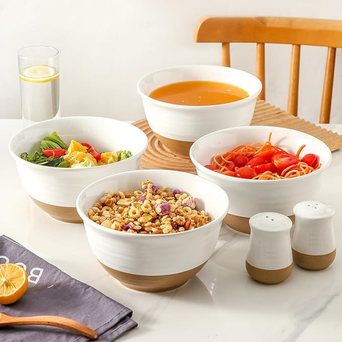 Hasense Soup Bowls, 7 Inch Large Cereal Bowls Set of 4, 40 OZ Ceramic Deep Salad Serving Bowls, Bowls Set for Pasta Pho Ramen Noodle Popcorn, Dishwasher Microwave Safe, White
