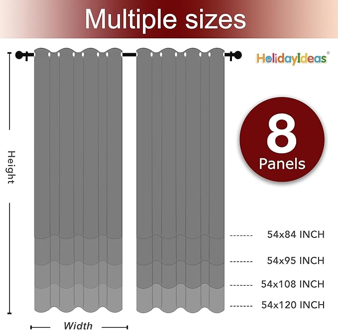 HolidayIdeas Grommet Top Outdoor Curtains for Patio Waterproof 8 Pcs All Weather Balcony Outside Curtain Panels for Apartments, Gazebo, Pergolas, Porch, 54x108 Inch, Grey