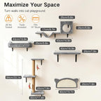 5-in-1 Cat Wall Shelves for Indoor Cats, Wall Mounted Cat Furniture Set with Bed, Perch, Hideaway Condo, Scratching Post & Scratcher, Cat Climbing Wall System, Space Saving Design, Grey