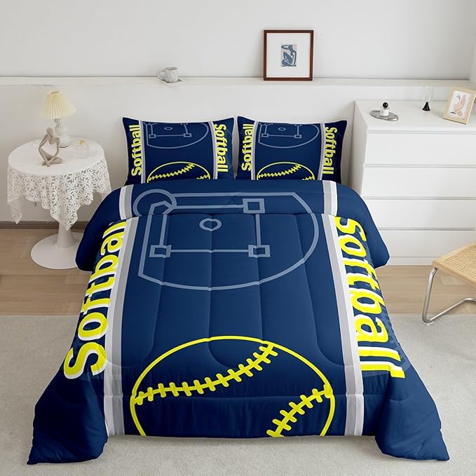 Feelyou Kids Softball Comforter Set Full Size Sports Game Bedding Set for Boys Girls Teens Bedroom Decor Baseball Comforter Softball Gaming Theme Duvet Set with 2 Pillow Case