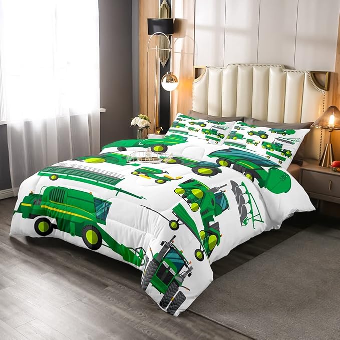 Kids Equipment Trucks Comforter Set Full, Boys Tractor Comforter, Excavators Down Comforter, Farm Heavy Machinery Truck Crane Bedding Set,Construction Site Cars Quilt Set for Child Girls Teens