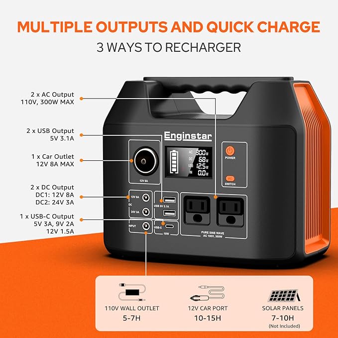 EnginStar Portable Power Station 300W 296Wh Battery Bank with 110V Pure Sine Wave AC Outlet for Outdoors Camping Hunting and Emergency, 80000mAh Backup Battery Power Supply for CPAP