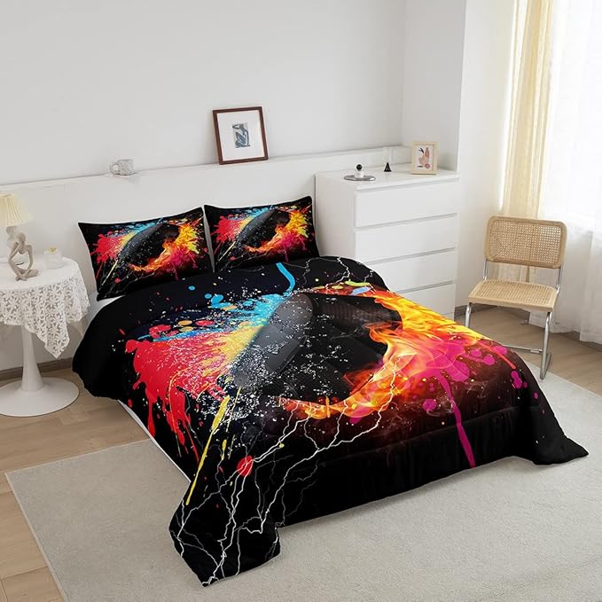 Erosebridal Hockey Bedding Set for Teen Boys Kids Winter Sports Full Comforter Set Grunge Hippie Tie Dye Ball Bed Comforter Sets Red Blue Fire and Water Lightning Quilt Duvet Insert 2 Pillow Cases