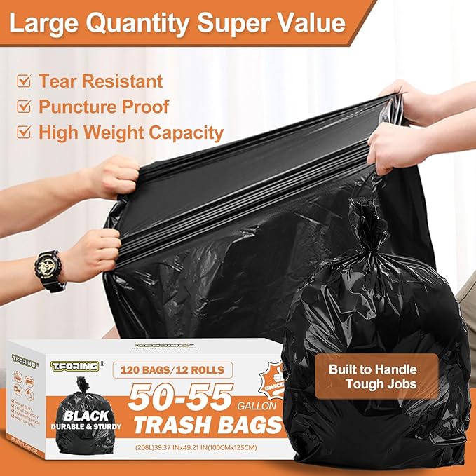 50-55 Gallon Black Trash Bags 120 Count - 40''x50'' Extra Large 50+ Gallon Garbage Bags,Unscented Strong Huge Can Liners for Construction Industrial Yard Outdoor Commercial