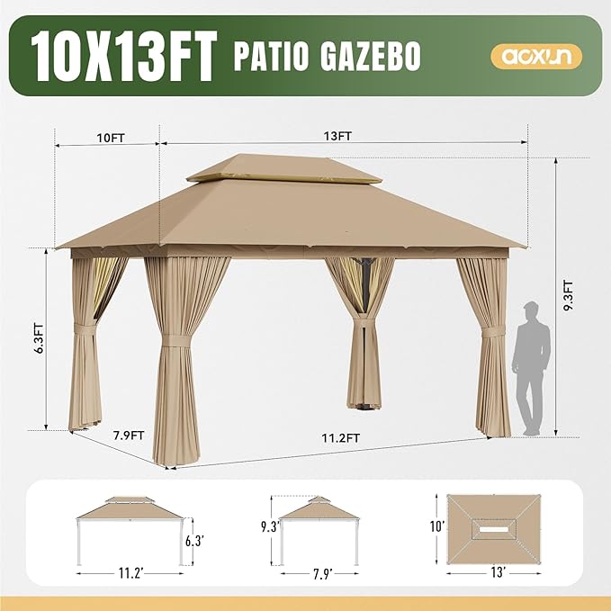 AOXUN Outdoor Gazebo for Patio 10x13, Metal Frame Canopy with Double Roofs, Heavy Duty Party Tent and Shelter with Mosquito Netting and Privacy Screen for Backyard, Lawn, Garden, Deck (Beige)