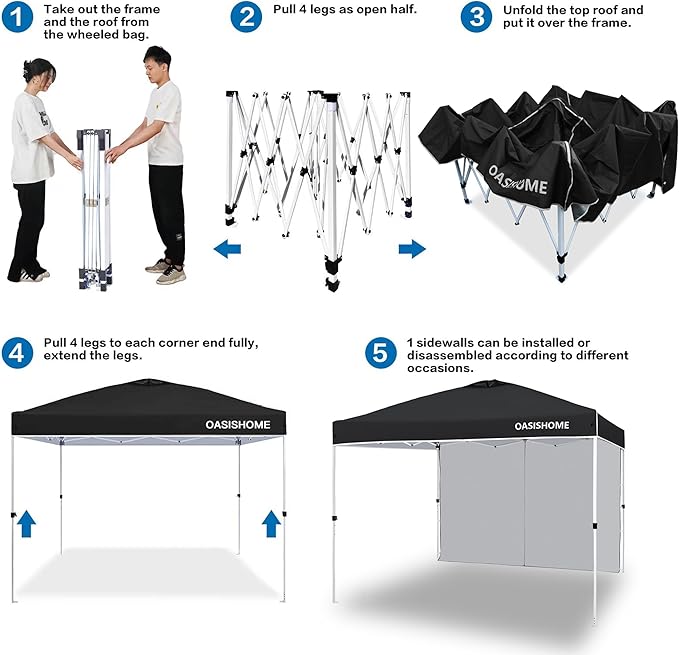 OASISHOME Pop-up Portable Outdoor Canopy Tent 10'x10' Instant Gazebo, with 1 Sidewall, Carry Bag, Stakes, Ropes, for Outdoor/Beach/Patio/Wedding Parties and Commercial Events (10FTx10FT, Black)