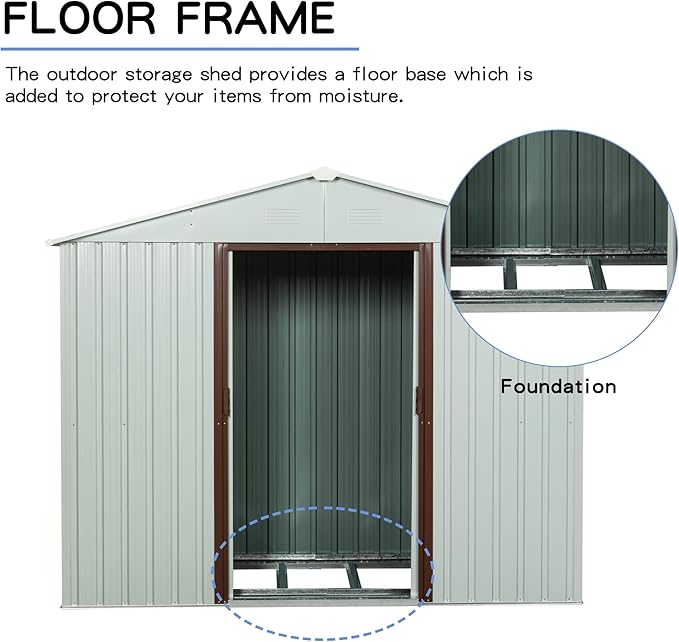 4x8 FT Outdoor Storage Shed, Metal Garden Shed with Frame Floor, Outside Tool Shed with Lockable Sliding Doors, Waterproof Storage Building with Sloped Roof for Backyard, Patio, Lawn, White
