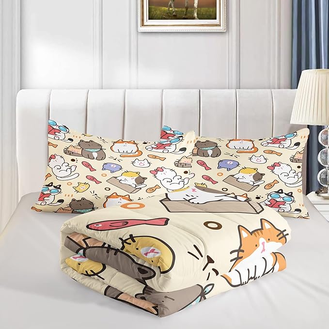 Kawaii Cat Comforter Full,Kawaii Animals Comforter Set for Kids Teens Girls,3Pcs Bedding Set Printed Comforter with 2 Pillowcases,Down Alternative,Soft and Lightweight，Full Size
