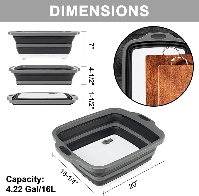 Tiawudi Large Collapsible BBQ Prep Tub with Lid(4.22 Gal/16L), Foldable Camping Sink with Colander, Cutting Board, Dish Basin for Kitchen, Bowl, Vegetable and Fruit, Storage Basket for Picnic