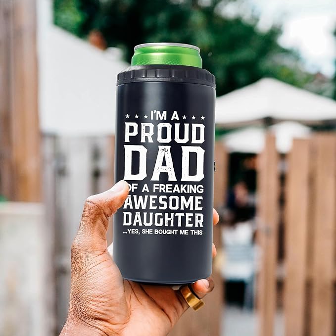 SANDJEST 4-in-1 Dad Tumbler Gifts for Dad from Daughter - 12oz Funny Proud Dad Can Cooler Tumblers Cup - Stainless Steel Insulated Cans Coozie Travel Mug Christmas, Birthday, Father's Day Gift