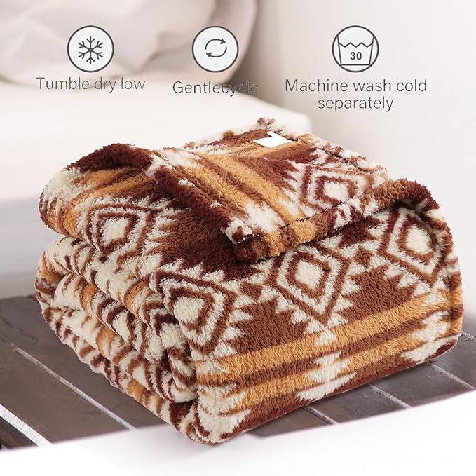 CASAAGUSTO Boho Sherpa Throw Blanket, Aztec, Ultra Soft, Warm, Cozy, Plush, Thick Fleece Bohemian Throw Blanket for Couch, Bed, Sofa (Terracotta 50 * 60 Inch)