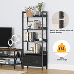 Furologee 5-Tier Bookshelf, Tall Bookcase with 2 Storage Drawers, Industrial Display Standing Shelf Units, Wood and Metal Storage Shelf for Living Room, Bedroom, Home Office, Black Oak