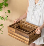 Set of 3 Nesting Wooden Crates, Rustic Wooden Storage Container Boxes with Cutout Handles, Decorative Farmhouse Wood Baskets for Display (Natural)