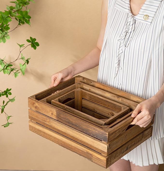 Set of 3 Nesting Wooden Crates, Rustic Wooden Storage Container Boxes with Cutout Handles, Decorative Farmhouse Wood Baskets for Display (Natural)