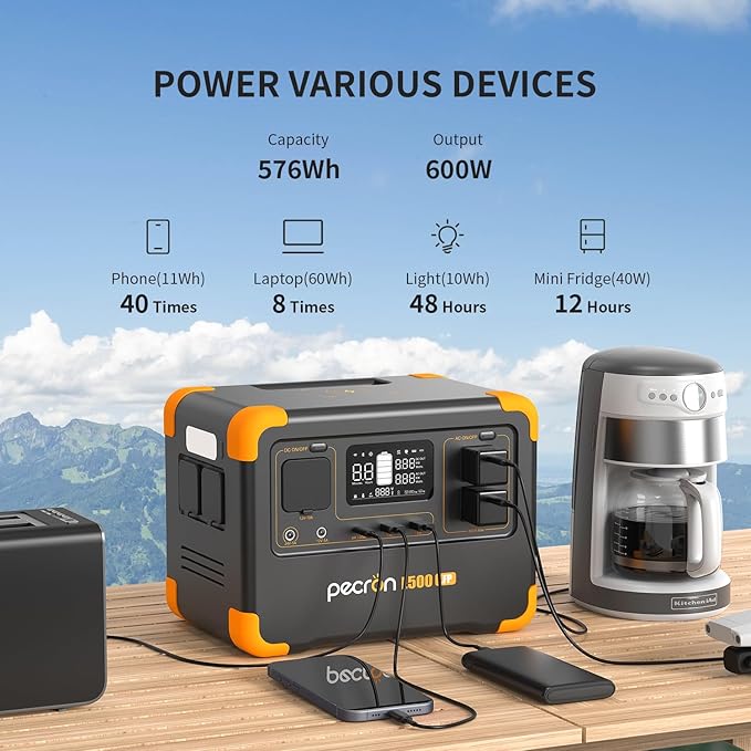Pecron E500LFP Portable Power Station, 576Wh LiFePO4 Battery, 600W AC Outlets Solar Generator, Fast Charging Power Station for Home Use, RV, Camping, CPAP, Emergencies