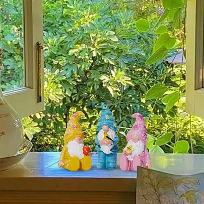 Artpaul 3 Pcs Gnomes Decorations Figurine Resin Statues,Cute Mushroom Bird Butterfly Gnomes for Home Table Shelf Gift Décor Accents (Multicolor)