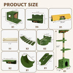 Cat Wall Furniture, 26 in 1 Cat Shelves w/Cat Tree, Tunnel, Green | Wall Mounted Cats Furniture Set w/Plush Fabric, Cat Climbing Systems for 16 Inch Drywall, with Scratching Posts, Bridge, Moon