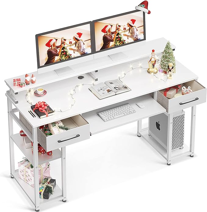 ODK Computer Desk, 55'' Office Desk with Keyboard Tray, Writting Desk with Drawers and Monitor Stand, Study Table with CPU Stand and Removable Shelf for Storage, White