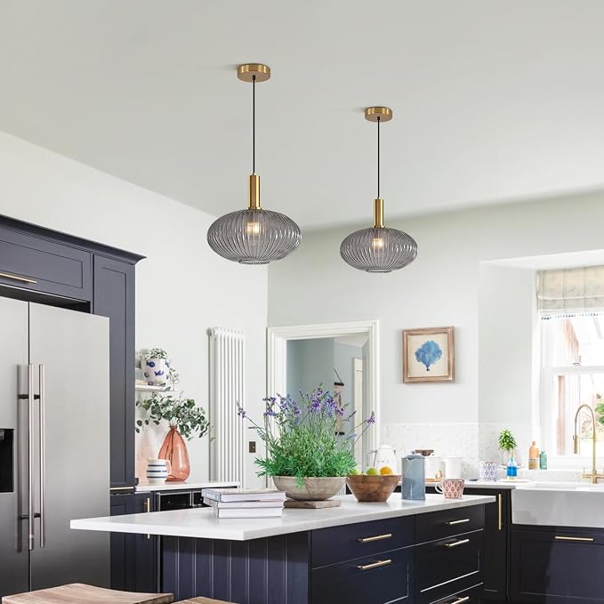 KCO Vintage Gold Brass 11.8” Large Smoke Gray Ribbed Glass Pendant Light | E26 Base, Oval Lantern Shade, Mid Century Modern Adjustable Hanging Lamp for Kitchen Island Dining Room Entryway Bedroom Bar