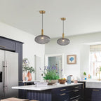 KCO Vintage Gold Brass 11.8” Large Smoke Gray Ribbed Glass Pendant Light | E26 Base, Oval Lantern Shade, Mid Century Modern Adjustable Hanging Lamp for Kitchen Island Dining Room Entryway Bedroom Bar