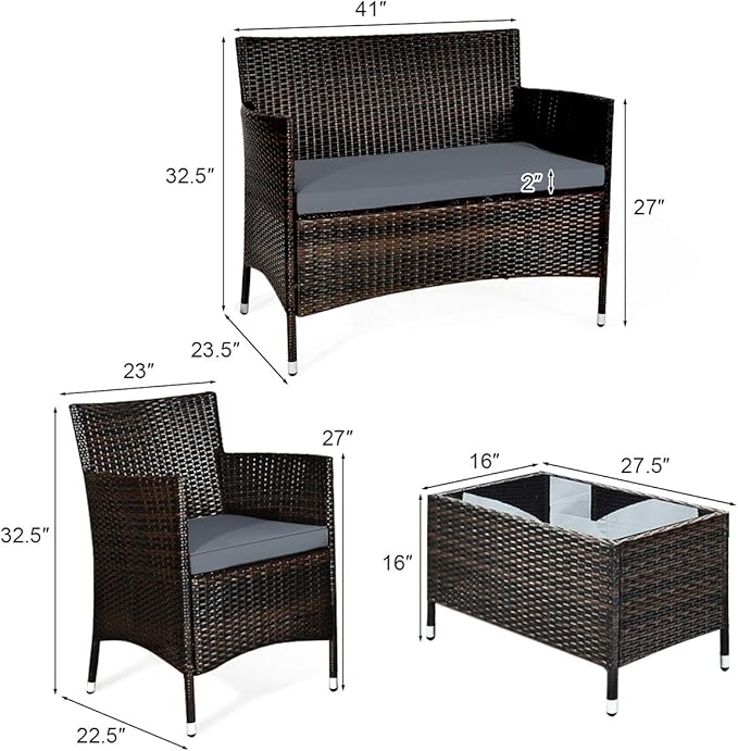 Goplus 4-Piece Rattan Patio Set, Outdoor/Indoor Wicker Conversation Set for Pool, Backyard, Lawn, Wicker Chairs and Sofa with Soft Cushion, Rattan Furniture with Tempered Glass Coffee Table