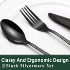 EWFEN 24-Piece Black Silverware Set with Steak Knives, Black Flatware Set for 4, Food-Grade Stainless Steel Tableware Cutlery Set, Mirror Finished Utensil Sets for Home Restaurant, Tree Pattern