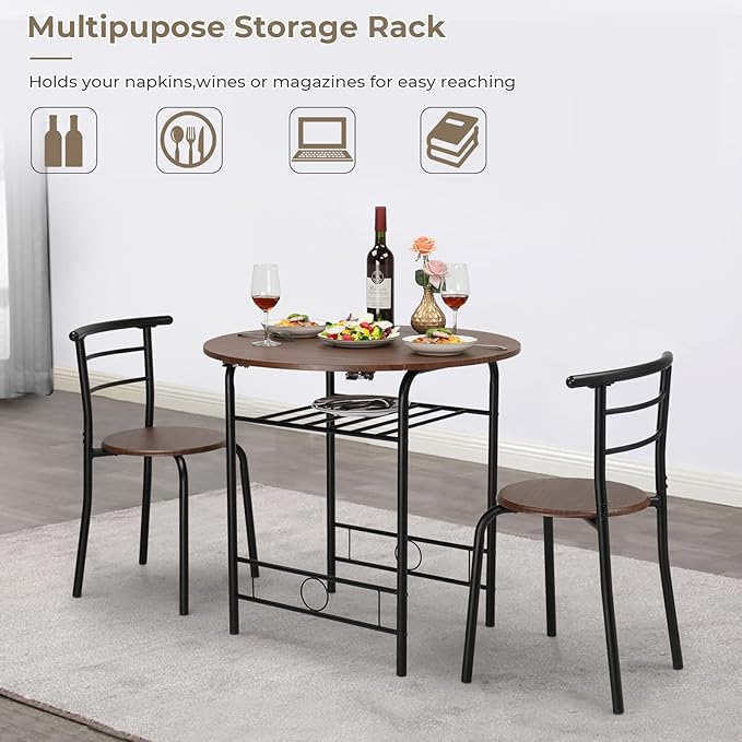 VINGLI 31.5" Drop Leaf Dining Table Set for 2, 3 Pieces Dining Table with Chair for Small Space, Small Kitchen Extendable Folding Dining Table for Dining Room，Home, Apartment, Saving Places, Walnut