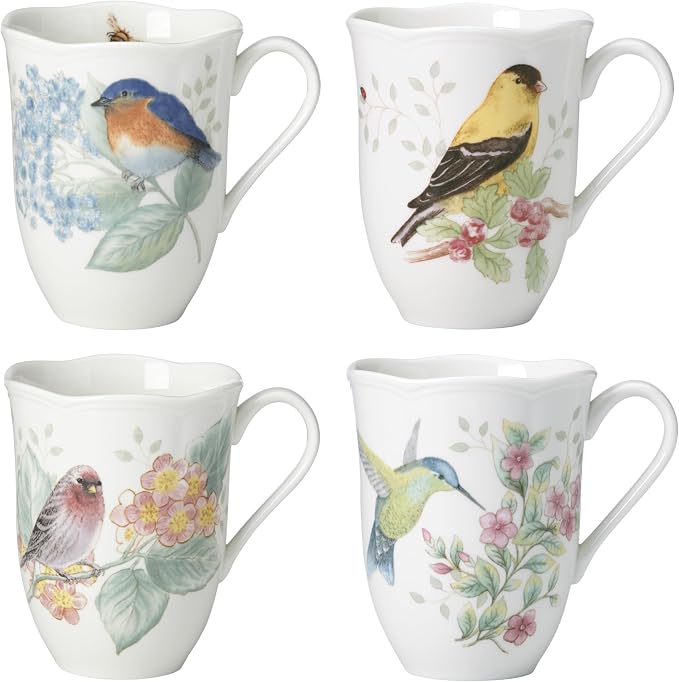 Lenox Coffee Mug Set, Butterfly Meadow Flutter 4-Piece Mugs, Service For 4, 12 Ounce Mug, Chip Resistant White Porcelain, Microwave And Dishwasher Safe, Ceramic Mugs, Coffee Cups (Assorted, 4 Piece)