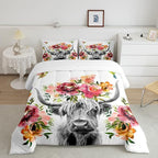 Erosebridal Highland Cow Floral Comforter Set King Size Bull Cattle Flower Bedding Set Wildlife Farmhouse Cow Quilt Hummingbird Duvet Insert Soft All Season White Down Comforter with 2 Pillowcases