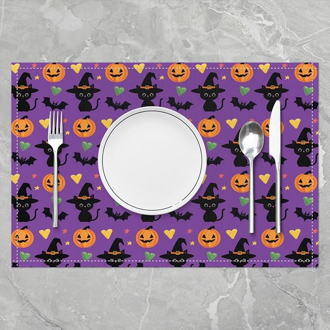 Feelyou Happy Halloween Placemats Set of 4 Cute Ghost Cat Table Mats for Party Kitchen Dining Decoration Holiday Seasonal Purple Orange Black Place Mat for Dinner Table Indoor Outdoor 18"x12" Pumpkin
