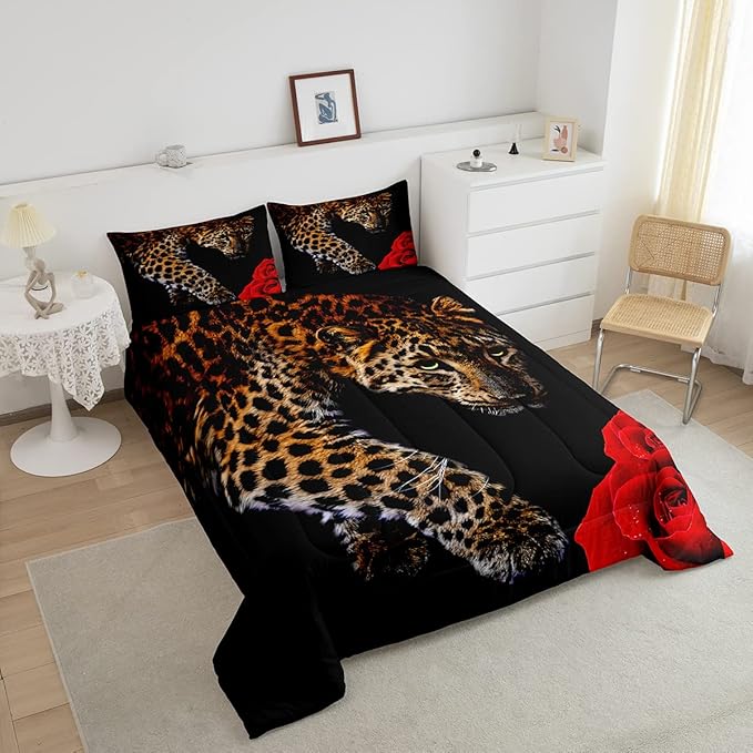 Erosebridal Leopard Comforter Set Queen Size,Red Rose Cheetah Bedding Set,Cat Leopard Print Down Comforter, Romantic Floral Quilted Duvet, Safari Animal Quilt Set, Stylish Bedroom Decor, Black