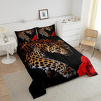 Erosebridal Leopard Comforter Set Queen Size,Red Rose Cheetah Bedding Set,Cat Leopard Print Down Comforter, Romantic Floral Quilted Duvet, Safari Animal Quilt Set, Stylish Bedroom Decor, Black